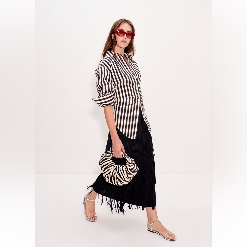 Black Fringe Pleated Maxi Skirt. NWOT